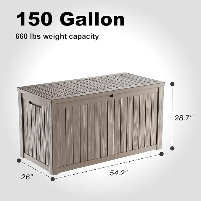 Resin Deck Box, Lockable Patio Outdoor Storage Box for Furniture, Garden Tools and Tools Storage, Waterproof Outside Storage Boxes (Grey, 150 Gallon)