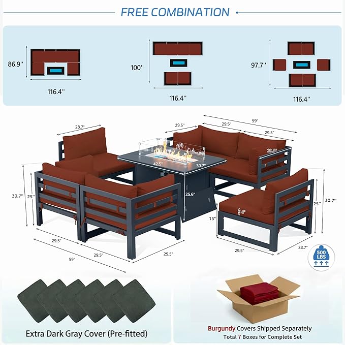 NICESOUL 7 Piece Modern Aluminum Patio Furniture Set with Fire Pit Table, 500 lbs Heavy Duty Outdoor Sectional Sofa, 29" Deep Wide Oversized Seating L Shaped Conversation Couch for Garden, Burgundy