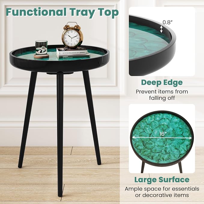 Giantex Outdoor Side Table, Round End Table with Epoxy Resin Finish, Sea Shell Decoration, Mahogany Wood Frame, Tray Top, Patio Side Table for Living Room, Pool, Yard, Porch (Green, 16” x 16” x 19.5”)