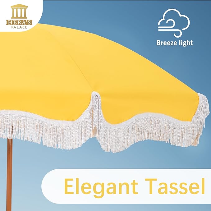 HERA'S PALACE 7ft Heavy Duty Beach Umbrella with Sand Anchor, Fringe Umbrella for Sand, UV 50+, Patio Umbrella with Tilt Pole for Garden Pool Backyard