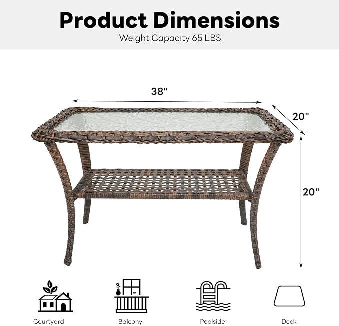 Belord 38 Inch Outdoor Coffee Table with 2 Tier Storage - Wicker Coffee Table with Water Ripple Texture Tempered Glass Top, All Weather Patio Coffee Table for Deck Porch Balcony Garden Brown