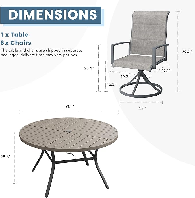 DIFY 7 Piece Outdoor Dining Set, Metal Patio Table and Chairs Set, 53.1" Grey Wood-Like Round Dining Table & 6 Grey Padded Textilene Swivel Patio Chairs, Outdoor Furniture Set for Garden Backyard