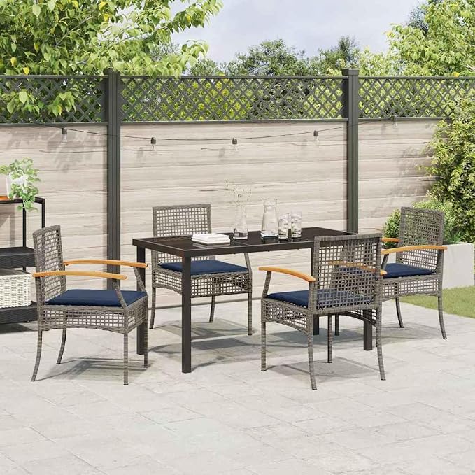 5 Piece Outdoor Garden Dining Set with Rattan Chairs and Black Glass Table, Weather Resistant Patio Furniture for Backyard, Balcony and Terrace, Grey