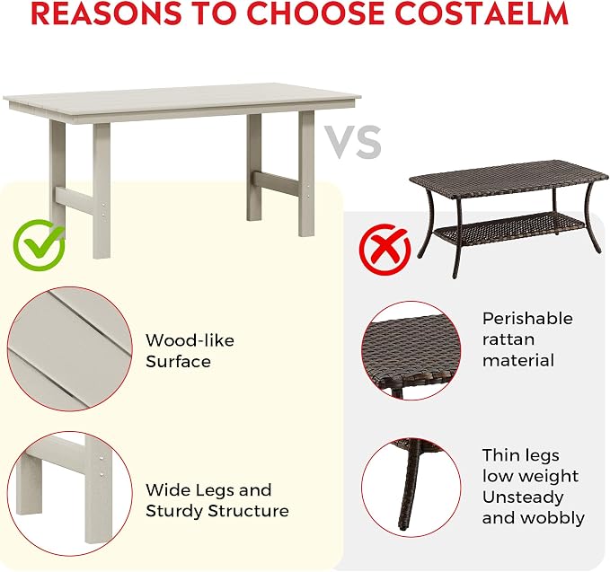 Costaelm Outdoor Patio Table, Outdoor Dining Table for 6, Weather Resistant Rectangle Patio Table with Umbrella Hole for Outside, Garden, Poolside, Porch, Sand