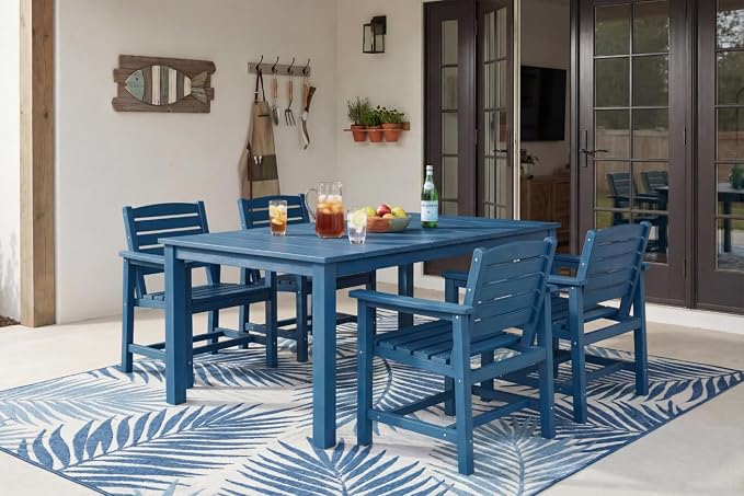 Perli™ 5-Piece Outdoor Dining Set, All-Weather HDPE Patio Furniture with 4 Armrest Chairs and Rectangular Table, UV-Resistant 4-Person Set for Deck, Backyard, Blue