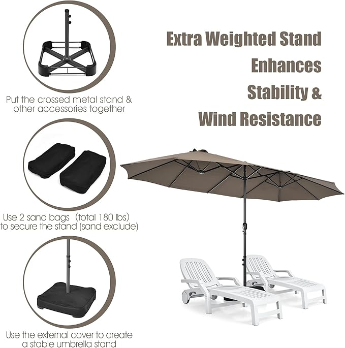 Tangkula 15FT Double-Sided Patio Umbrella, Outdoor Market Umbrella W/Hand-Crank System & Enhanced Base, Ultra-Large Twin Garden Umbrella W/ 12-Rib Structure for Residential & Commercial Use (Coffee)