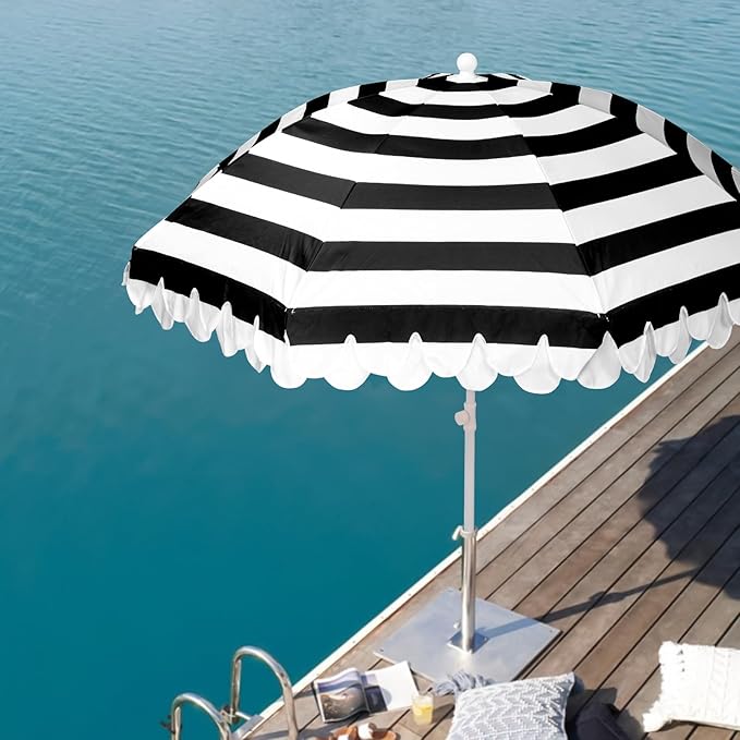 6.5Ft Valance Beach Umbrella, Classic Scalloped Fringe Umbrella with Push Button Tilt, UPF50+ Portable Outdoor Umbrellas with Carry Bag for Patio Garden Pool