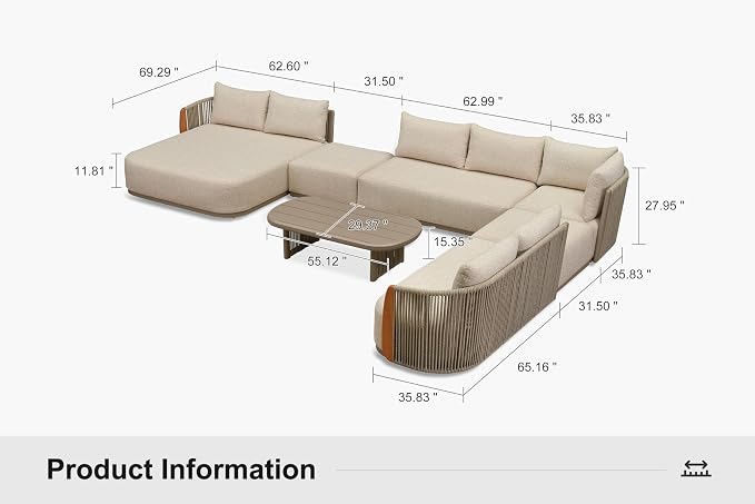 PURPLE LEAF Patio Furniture Set, 7-Piece L-Shaped Patio Conversation Sets with Genuine Teak, Olefin Fabric & 9" Thick Backrest& Aluminum Rope Coffee Table - Luxury Outdoor Sectional Sofa