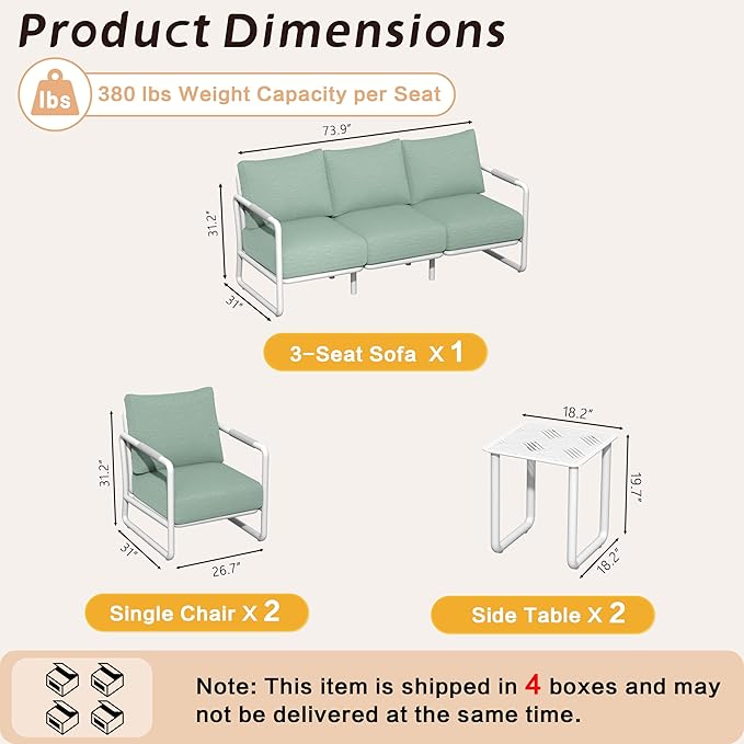 MBY Outdoor Aluminum Patio Furniture Set, 5-Seats Patio Conversation Sofa Set with 2 Coffee Tables and 6.7" Thickened Cushions, All Weather for Pool, Balcony, Garden-White