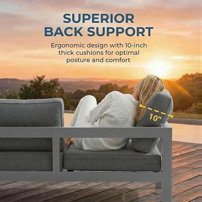 Solaste Aluminum Patio Furniture Set for All Weather, Oversized Metal Outdoor Furniture Set with 27.5" Deep Seating and 3.2" Wide Armrest, Patio Conversation Set with 5" Cushion, Black and Grey