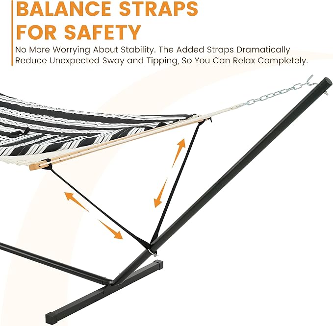 Lazy Daze Hammocks 2 Person Portable Hammock with 12FT Stand, Double Hand Woven Cotton Rope Hammock with Detachable Quilted Pad & Pillow for Outside, 450lb Capacity, Black White Stripes