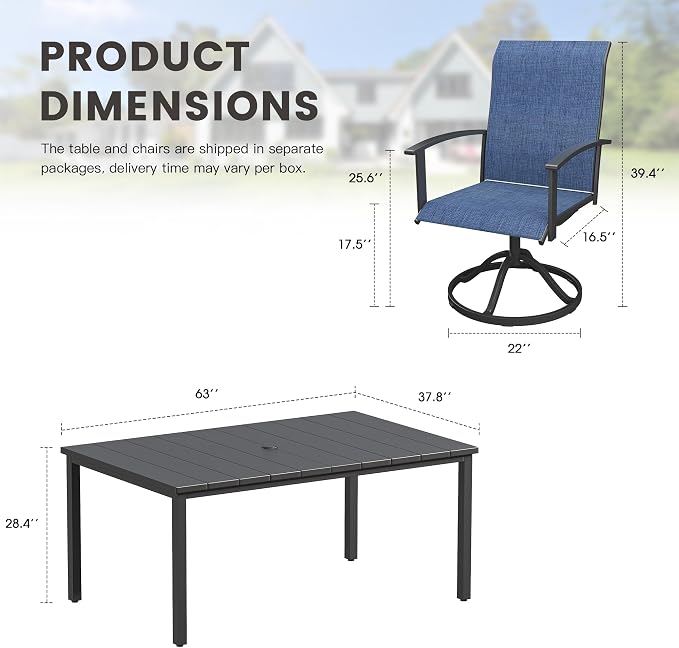 7 Pieces Patio Dining Set, Outdoor Furniture of 63" Rectangular Patio Table and Patio Swivel Chairs for Backyard Lawn Garden, Black Table and Dark Blue Chairs