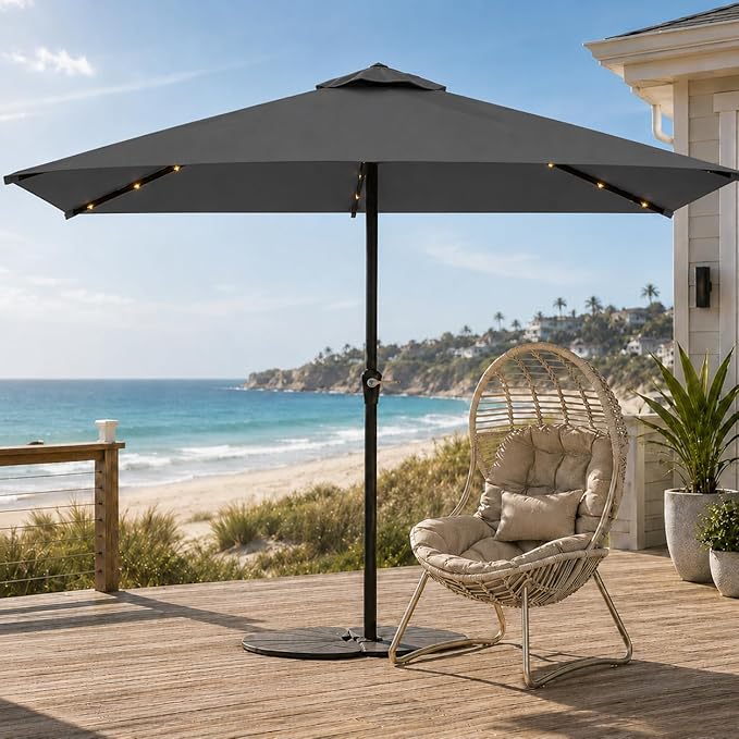 6.5 x 10ft Rectangular Patio Umbrella with Solar Lights, 16 LED Lighted Market Umbrella with Push-Button Tilt and Crank, 6 Sturdy Iron Ribs for Garden, Deck, Pool, Gray
