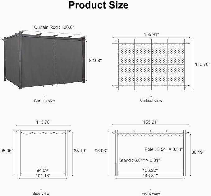 PURPLE LEAF 10' X 13' Outdoor Pergola with 4-Sided Curtains Retractable Canopy Patio Aluminum Sun Shade for Garden Deck Porch Gazebo Pavilion Grill Modern Yard Grape Trellis Pergola Gray