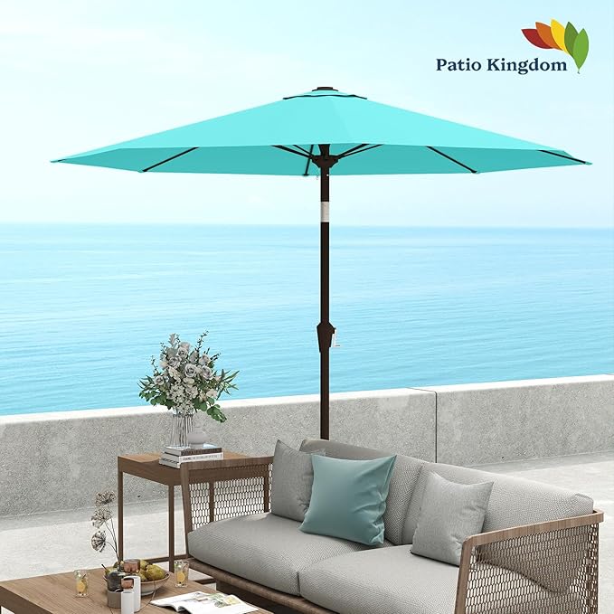 9FT Patio Umbrella with Fiberglass Ribs, Outdoor Market Table Umbrella with Crank and Tilt, UV Resistant Waterproof Canopy for Patio, Garden, Deck, Pool, Aqua Blue
