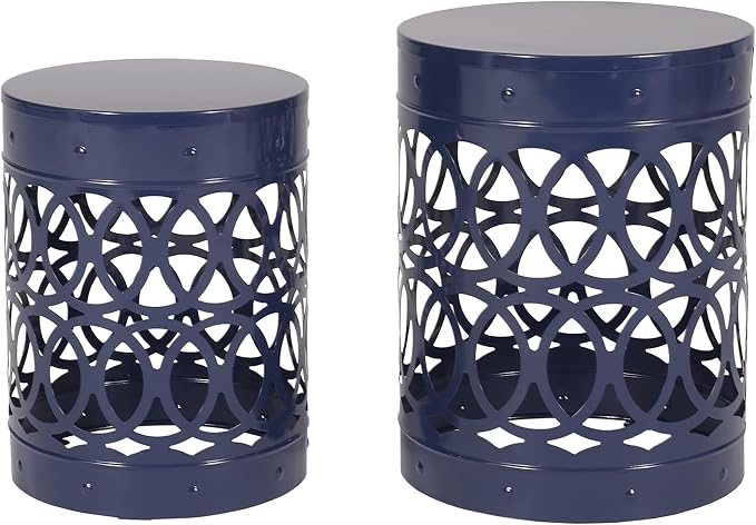 Set of 2 Navy Blue Metal Outdoor Side Tables, Round Patio End Tables, Weather Resistant Accent Stools, Geometric Cutout Design, Indoor & Outdoor Decorative Tables for Garden, Balcony, Living Room