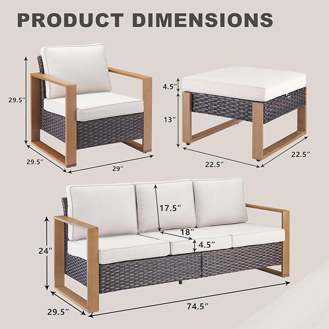Rilyson Outdoor Wicker Patio Furniture Set - 5 Piece Patio Conversation Set with 2 Wicker Armrest Chairs,2 Rattan Ottoman and 1 Couch,Sturdy Frame,Thick Cushions,Deep Seating(Brown/Beige)