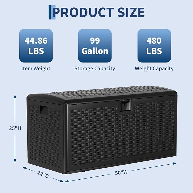 Lockable 73 Gallon Black Resin Deck Storage Box - Waterproof & UV-Resistant Outdoor Chest Bench with Woven Webbing Design for Patio, Garden, Pool Accessories - Specs: Webbing, Color: Black
