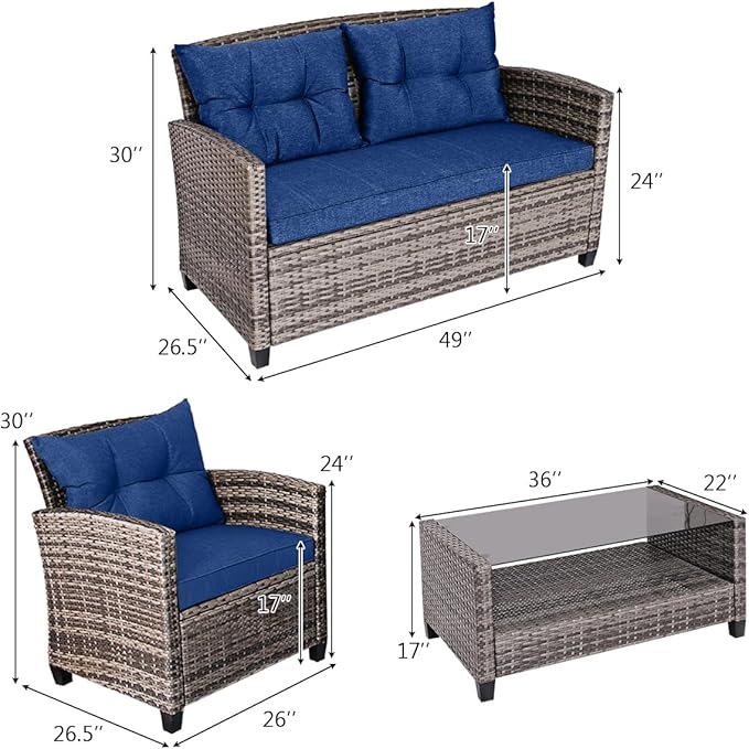 Tangkula 4 PCS Patio Wicker Conversation Furniture Set, Outdoor Rattan Sofa Set with Padded Cushion & Tempered Glass Coffee Table, Wicker Sectional Sofas & Table for Courtyard Balcony Garden (1, Navy)