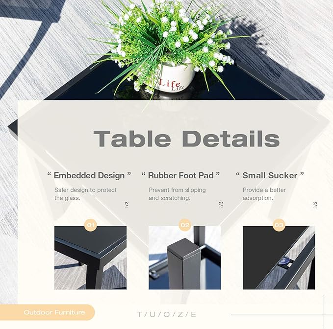 Tuoze 3 Pieces Patio Furniture Set Outdoor Garden Conversation Sets Modern Porch Furniture Lawn Chairs with Glass Coffee Table for Poolside Backyard Balcony,Black