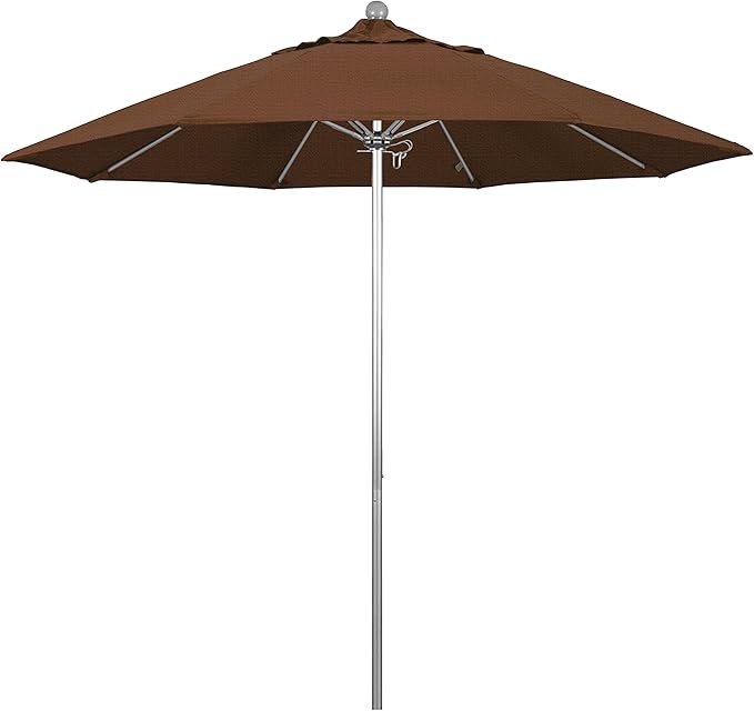 California Umbrella 9' Round Aluminum/Fiberglass Umbrella, Push Open, Silver Pole, Olefin Teak Fabric