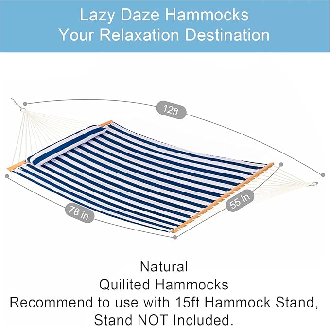 Lazy Daze Hammocks 12FT Quilted Fabric Double Hammock with Spreader Bars and Detachable Pillow, 2 Person, 450lbs Capacity, Blue White