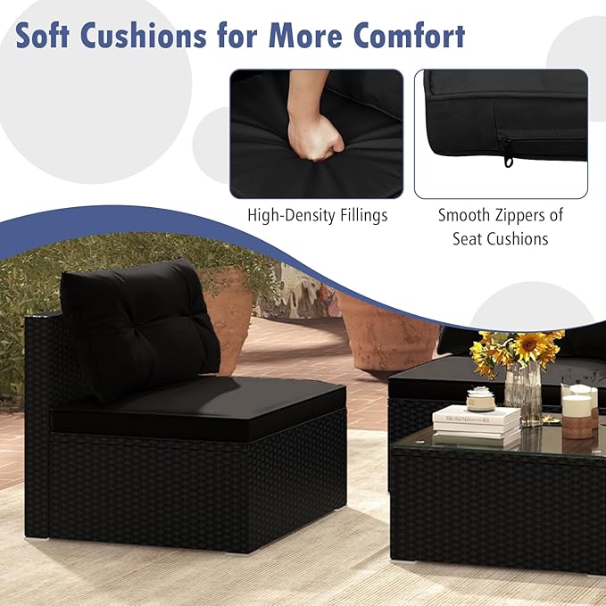 Tangkula 5 Piece Rattan Sofa Set, Outdoor Wicker Furniture Set w/Seat & Back Cushions, Square Coffee Table, Patio Sectional Sofa Set for Backyard, Poolside, Garden (Black)