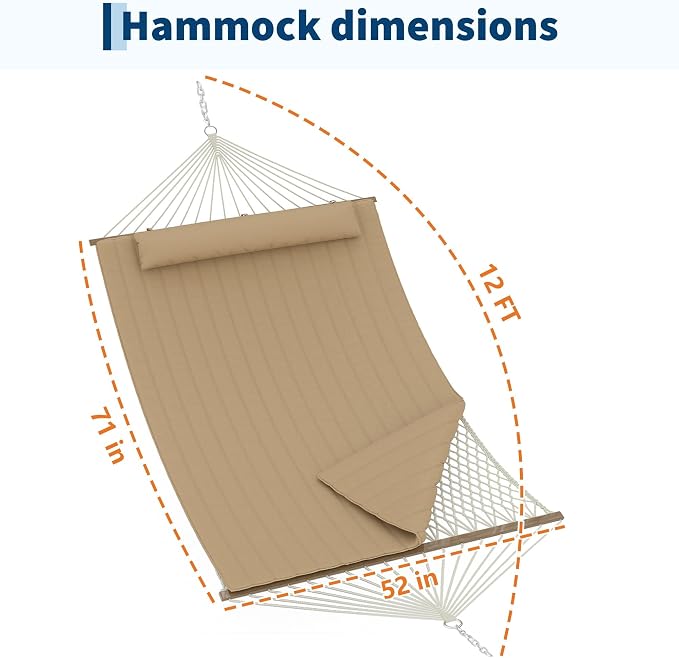 Takywep 2 Person Hammock with Polyester-Cotton Pad, 12FT Double Hammock with Wooden Spreader Bar, Removable Pillow, 450LBS Capacity, 2-in-1 Outdoor Hammock for Patio, Garden, Beach (No Stand)