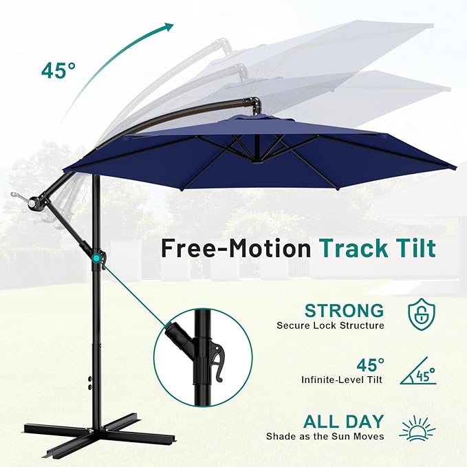 AreShark 10FT Patio Outdoor Umbrella, Offset Patio Umbrella Cantilever Umbrella, 6 Sturdy Ribs, Easy Adjustment for Garden Market Pool with Cross Base (Navy)