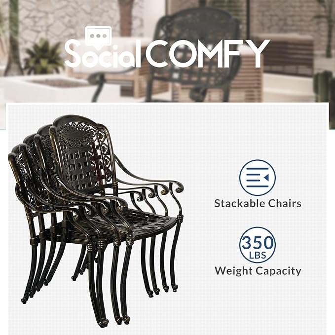 5-Piece Outdoor Patio Dining Set, All-Weather Cast Aluminum Furniture Conversation Set, Include 4 Cushioned Chairs and a 38.5” Round Table with Umbrella Hole for Balcony, Lawn, Red