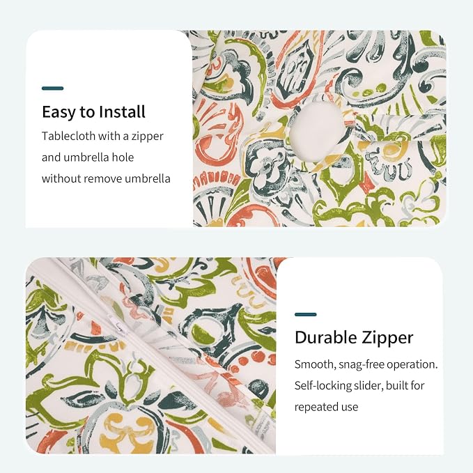 DYTXIII Outdoor Rectangle Tablecloth with Umbrella Hole and Zipper 84" x 60", Water Repellent Floral Picnic Cover, Fade & Wrinkle Resistant Tablecloth for Patio/Garden/Party Table, Paisley Botanical