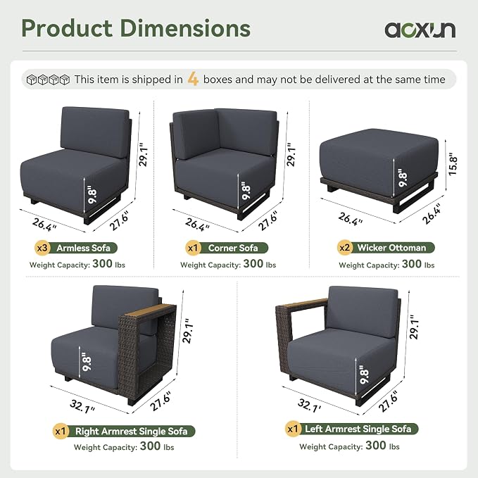 Aoxun Patio Furniture Set, 8 Piece Outdoor Wicker Sectional Sofa Set, All-Weather Rattan with 10'' Ultra-Thick Cushions, Outdoor Conversation Set for Backyard, Poolside and Garden, Brown/Dark Gray