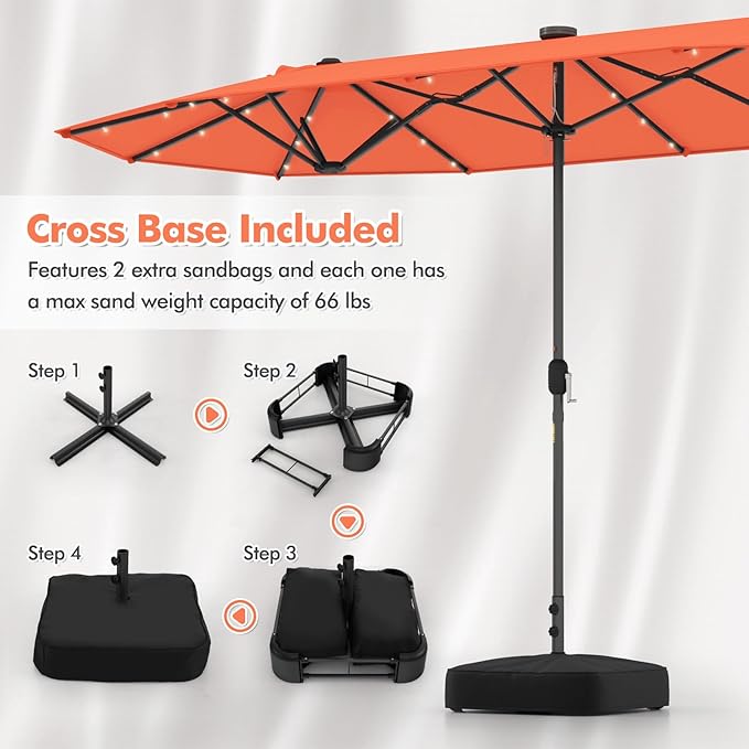HAPPYGRILL Double-Sided Patio Umbrella with Solar Lights, 13FT Large Umbrella with Base Included, Crank Handle, Market Twin Table Umbrella for Outdoor Backyard Garden Poolside