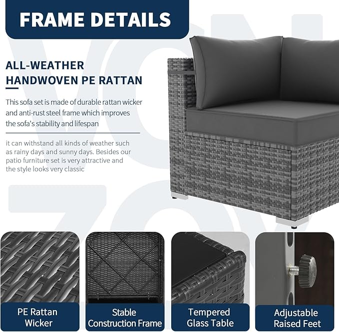 Outdoor Patio Furniture Set 7 Pieces Sectional Rattan Sofa Set, PE Wicker Patio Conversation Set with 6 Seat Cushions and 1 Tempered Glass Table and Furniture Cover, Black