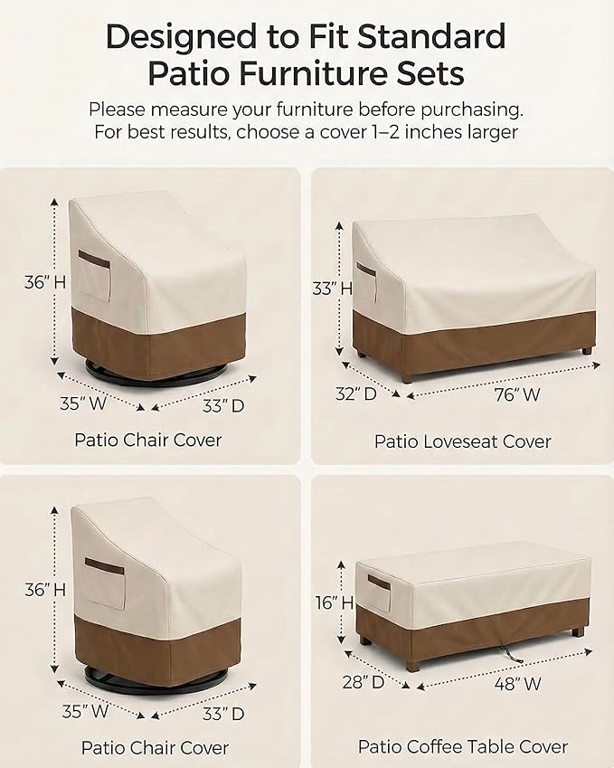 4-Piece Patio Furniture Cover Set, Waterproof Outdoor Furniture Covers for 3-Seater Sofa, Patio Chairs & Coffee Table, Heavy-Duty 600D, Fade&UV-Resistant, Breathable, All-Season Protection,Beige&Brown