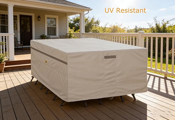 600D Heavy Duty Waterproof Patio Furniture Covers UV Resistant Rectangualr Outdoor Table and Chair Covers 111" Wx 74" D x 28" H Beige