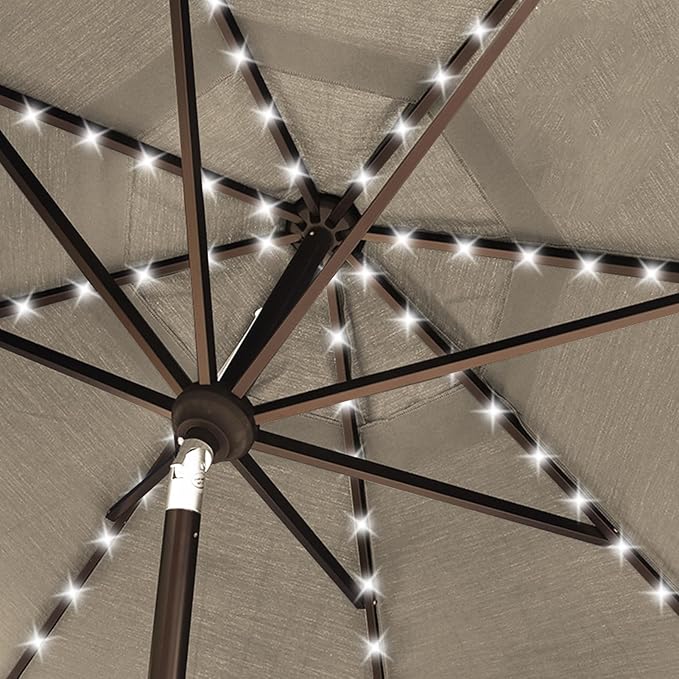 EliteShade USA 10-Year-Non-Fading 10ft Market Patio Umbrella, Commercial Grade Table Sun Umbrella with 80 Solar LED Lights, Crank Open, Windproof & UPF 50+ UV Protection for Garden, Deck, Pool, Backyard, Antique Beige