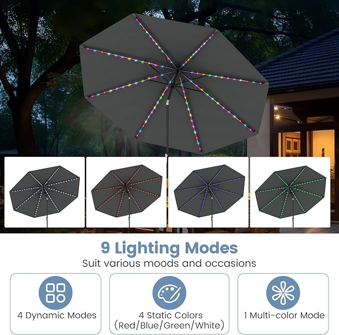 Tangkula 10 FT Solar Patio Umbrella, Outdoor Market Table Umbrella with 96 Multi-Colored Flowing LED Lights, 9 Modes, Tilt Adjustment, Crank Handle, 8 Ribs, Vented Top for Backyard Poolside Deck Lawn