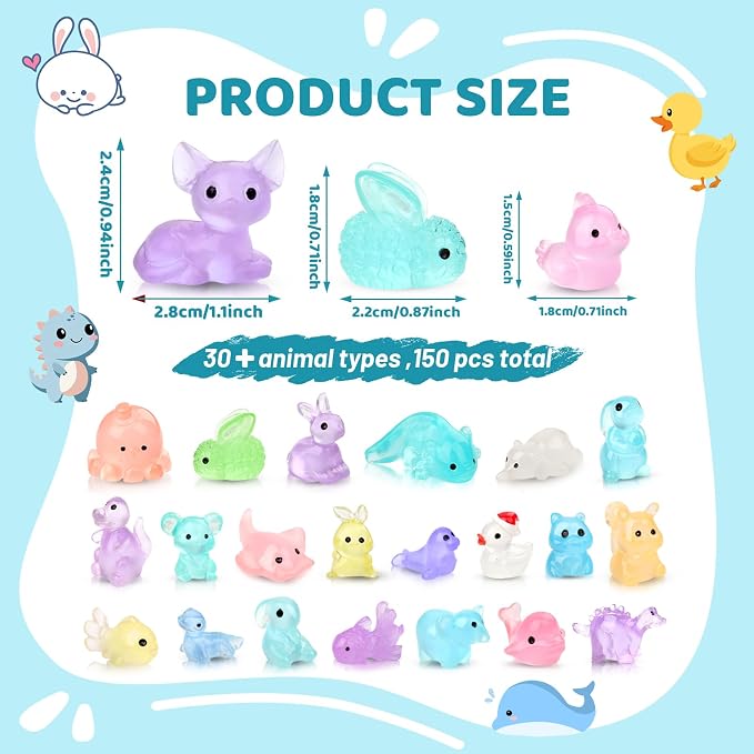 150PCS Luminous Mini Resin Animals 30+ Types Variety Glow in The Dark Tiny Animals Figures Bulk for Dollhouse, Fairy Garden,Micro Landscape Aquarium, Party Decoration DIY Crafts