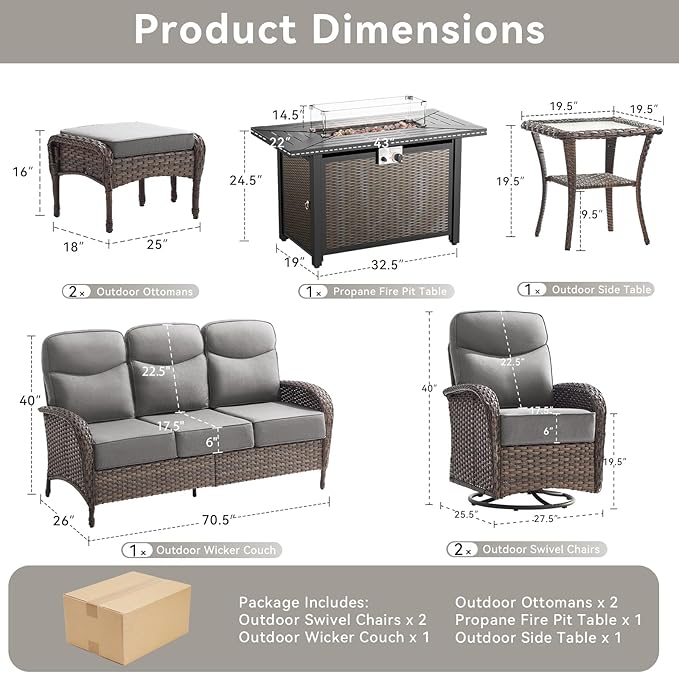 Luxury Patio Furniture Set with 42.5" Fire Pit Table, 6-Inch Thick Cushions Wicker Outdoor Furniture with Wicker Swivel Patio Chairs Set of 2, Patio Conversation Set for Deck Garden Porch, Gray