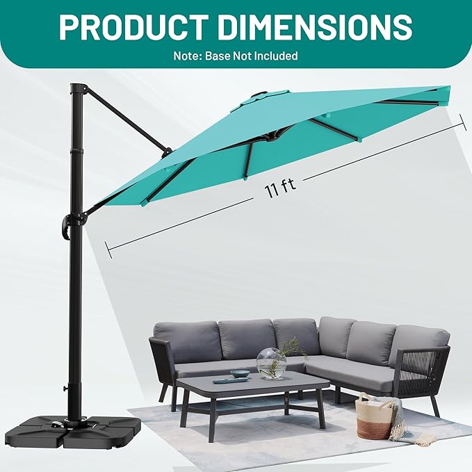 AreShark 11FT Round Cantilever Patio Umbrella with Base Included, 360° Rotation Offset Outdoor Umbrella, 5 Tilt Settings Heavy Duty Hanging Parasol for Deck Garden Pool, Peacock Blue