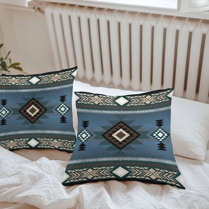 Vandarllin Outdoor Throw Pillows Covers 20x20 inch Set of 2 Waterproof Blue Tribal Style Decorative Zippered Cushion Covers for Patio Furniture, Southwest Native American Lumbar Pillowcases