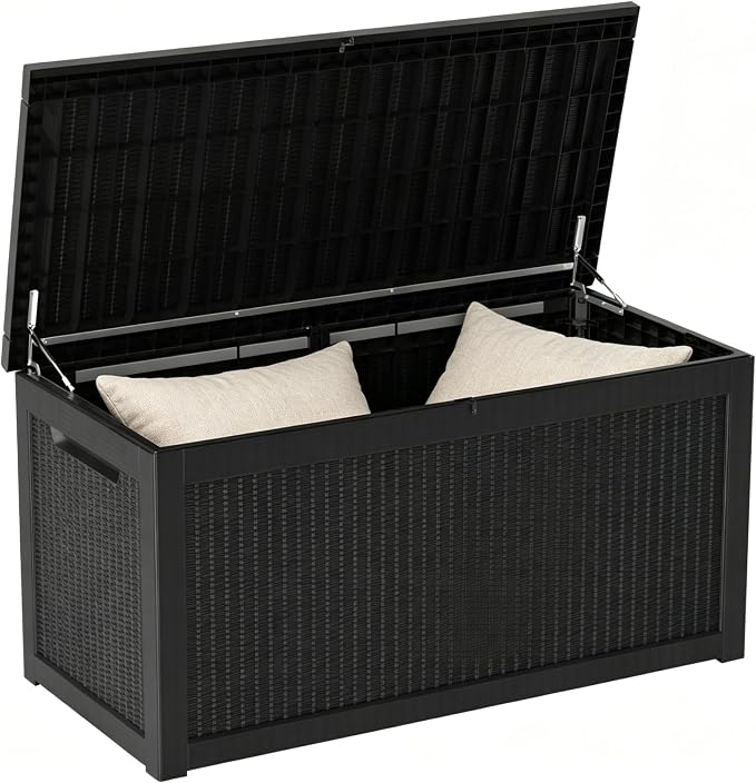 Outdoor Storage Box 321GAL Waterproof Resin Deck Box,Pool Accessories Supplies，UV-Resistant Lockable Package Delivery Bin for Garden Tools,Large Patio Outside Cushions,Chest,Furniture,Black