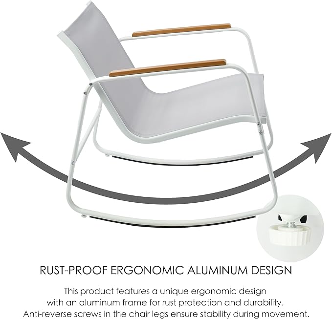 Kozyard 3 Piece Rocking Chair Set, Outdoor Rocking Textilene Bistro Set with Wooden Armrests, Outdoor Patio Furniture Set with Glass Table for Lawn, Porch, Yard, Garden, Balcony, Poolside White