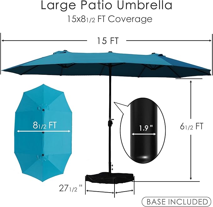 Kozyard 15 FT Rectangular Double-Sided Patio Umbrella with Solar Lights, Outdoor Patio Umbrella with Crank Lift, Base Included, UV-Resistant for Pool, Backyard & Garden Blue