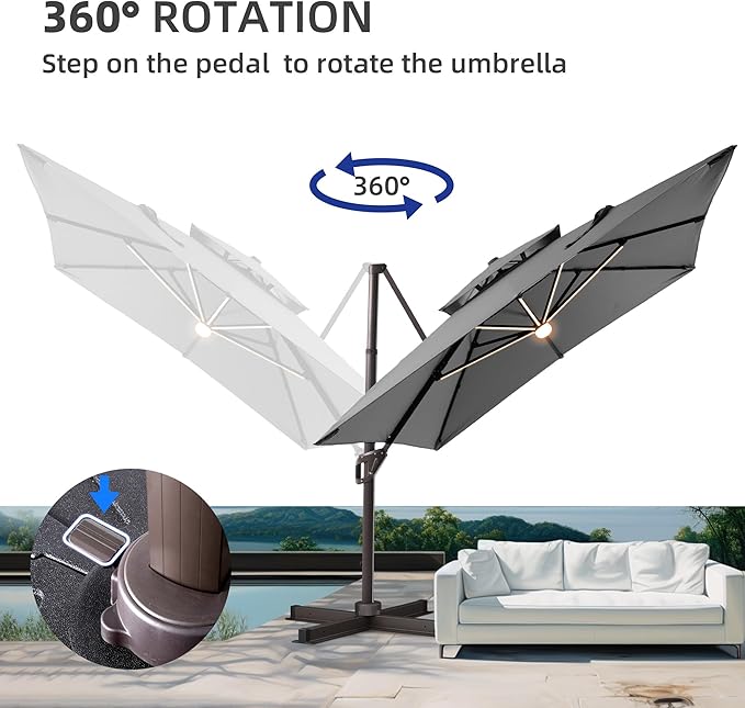 10 X 13 FT Cantilever Patio Umbrella with Led Lights Heavy Duty Windproof Double Top Large Rectangle Offset Umbrellas with 360-degree Rotation for Garden Pool Deck Backyard, Grey