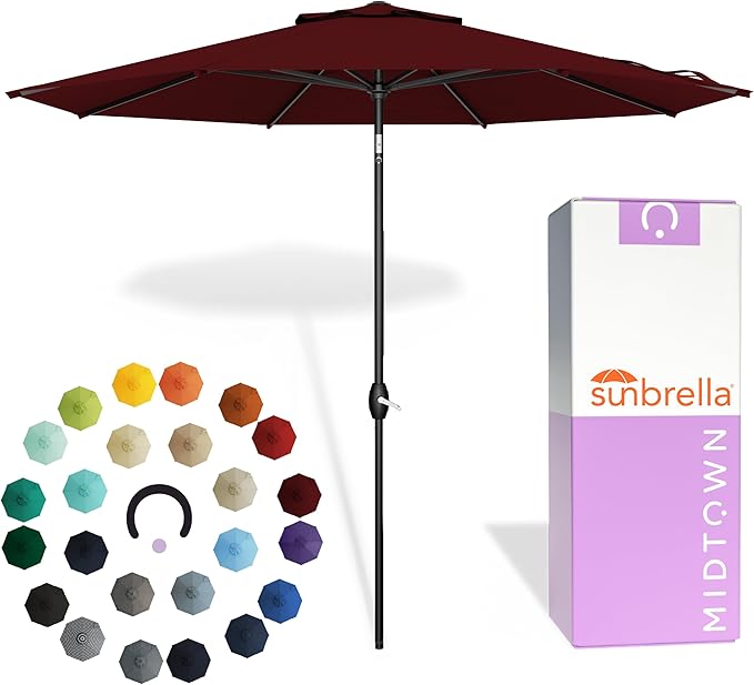 Midtown Umbrellas - The Lean 9 Ft Patio Umbrella with Fade-Resistant Sunbrella Fabric, Auto-Tilt Aluminum Frame and 8 Reinforced Ribs for Deck, Pool & Garden - Burgundy Canopy, Black Pole