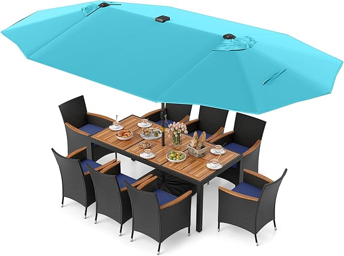 Tangkula 11 Pieces Patio Dining Set with Double-Sided Led Patio Umbrella (Base Included), with 8 Stackable Chairs, Acacia Wood Dining Table and Large Umbrella with Solar Lights (Turquoise + Navy)