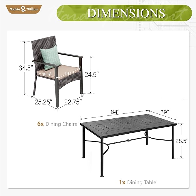 Sophia & William 7-Piece Patio Dining Set, Metal Table, PE Wicker Chairs | All Weather Patio Table and Chairs Set for 6, Perfect for backyard, deck, porch