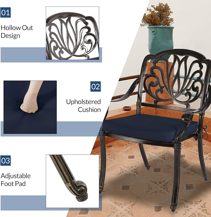 9-Piece Patio Cast Aluminum Dining Set, 8 Person Outdoor Dining Furniture Set, Includes 8 Cushioned Chairs and 61" Large Round Dining Table with 31" Lazy Susan, Umbrella Hole, Navy Blue